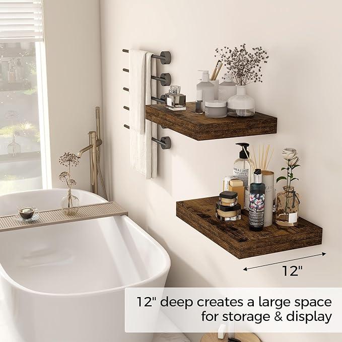 12 Inch Deep Floating Shelves, 16 x 12 Floating Shelf for Books, Rustic Wood Deep Wall Shelves for Home Storage & Display, 2