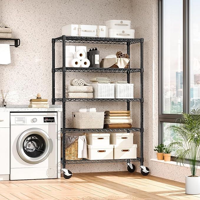 5-Shelf Storage Shelves,Wire Shelving Heavy Duty Metal Storage Shelving Unit Adjustable Garage Shelving Rack Pantry Kitchen (Black, 5 Tier,17.7