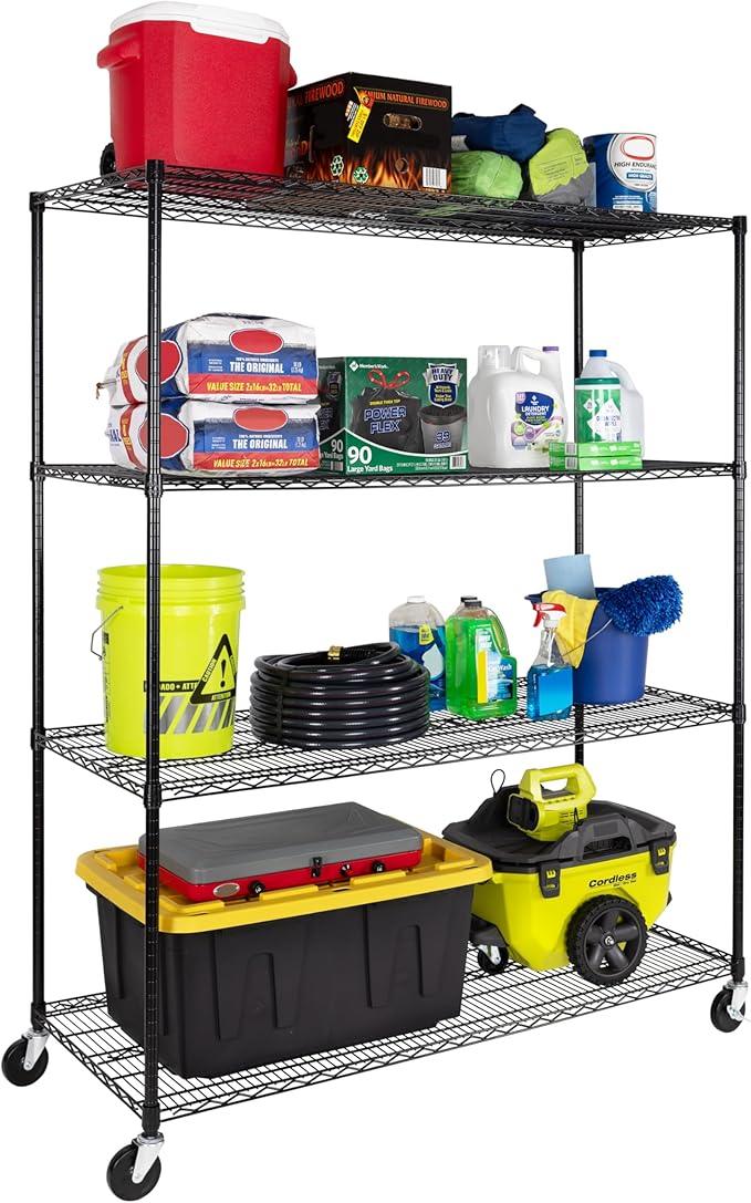 Seville Classics UltraDurable Heavy Duty NSF Solid Steel Wire Rack Storage Unit, Organizer for Garage, Warehouse, Office, Restaurant, Classroom, Kitchen, Black, 4-Tier Shelving, 60