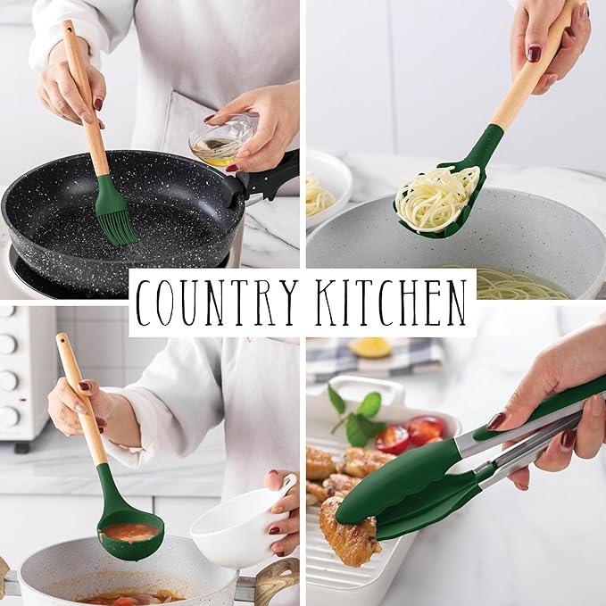 Country Kitchen Non Stick Silicone Utensil Set with Rounded Wood Handles for Cooking and Baking, 14 Piece Set, Green