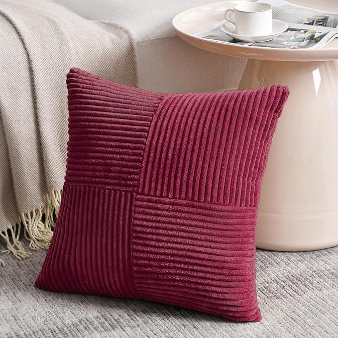 Fancy Homi 2 Packs Burgundy Big Decorative Throw Pillow Covers 24x24 Inch for Living Room Couch Bed Sofa, Rustic Farmhouse Boho Home Decor, Soft Corss Corduroy Patchwork Accent Cushion Case 60x60 cm