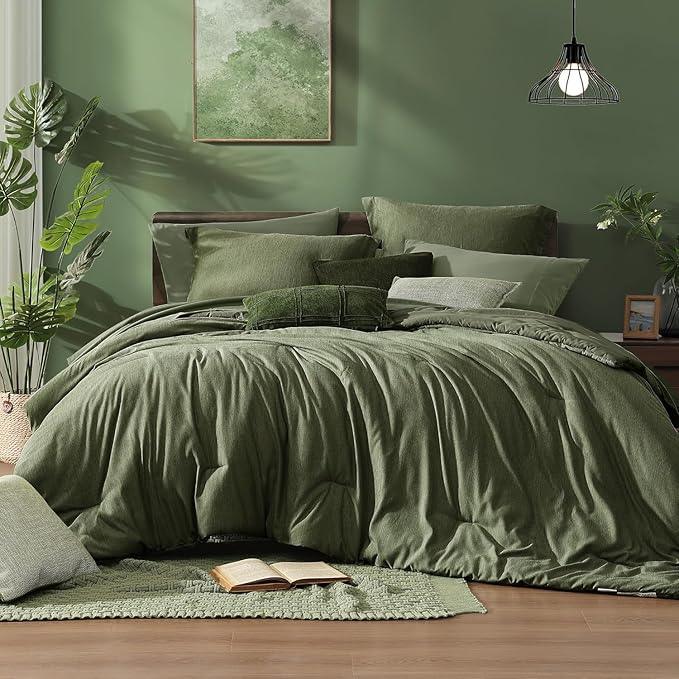Monbix California King Comforter Set - 7 Pieces Cationic Dyeing Olive Green Bed in a Bag Cal King Bedding Sets with Comforter, Sheets, Pillowcases & Shams, Reversible Bedding Comforters Sets(108 * 92)