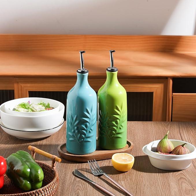 Sweejar Ceramic Olive Oil Dispenser Bottle, 20 Oz Relief Opaque Oil Cruet Protects To Reduce Oxidation, Suitable for Storage, Vinegar, Soy Sauce,Liquids,Set of 2 (Gradient Blue Gradient Green)