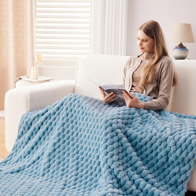 NEWCOSPLAY Super Soft Twin Blanket Blue Premium Silky Flannel Fleece 3D Clouds Stylish Jacquard Lightweight Bed Blanket All Season Use 350GSM (Blue, Twin(60