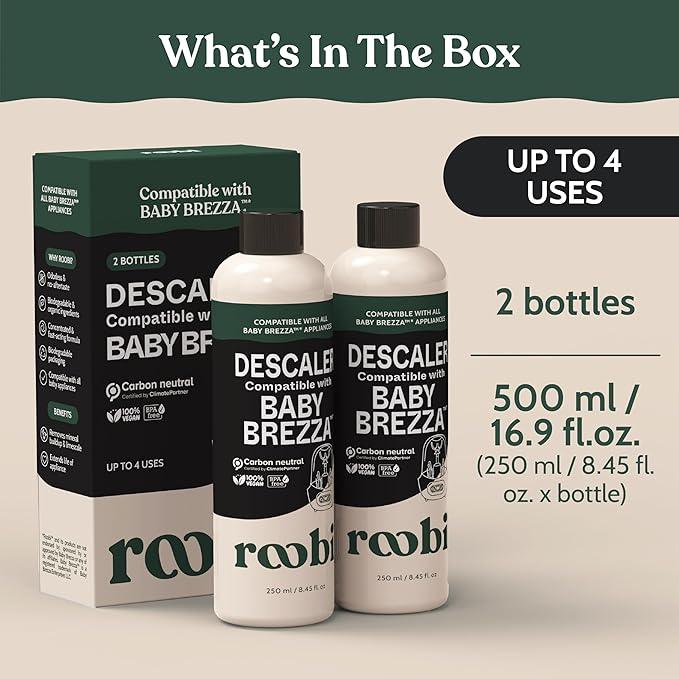 Roobi Descaling Solution Compatible with Baby Brezza. Specially Formulated to Clean & Descale Baby Appliances. Up to 2 Uses per Bottle, 2 Pack. Carbon Neutral.