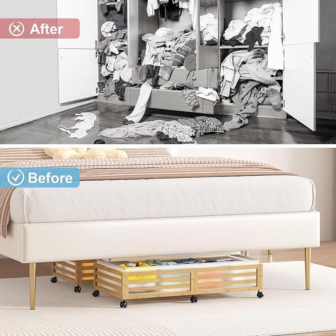Under Bed Storage with Wheels-Large Bamboo Underbed storage Containers with Large Dust Bag Stackable Under the Bed Shoe Storage Bins for Clothes Books Bedding (2 Packs Nature, 33.07