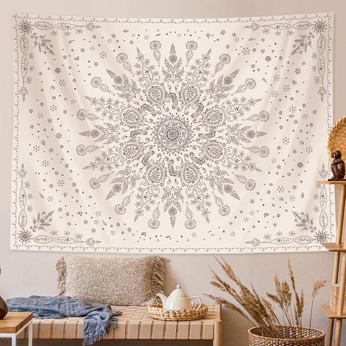 Lunerfex Boho Floral Tapestry Mandala Wall Tapestry, Cute Tapestries for Bedroom Beige Flower Tapestries Wall Hanging for Bedroom Living Room Decor Beige-1 60