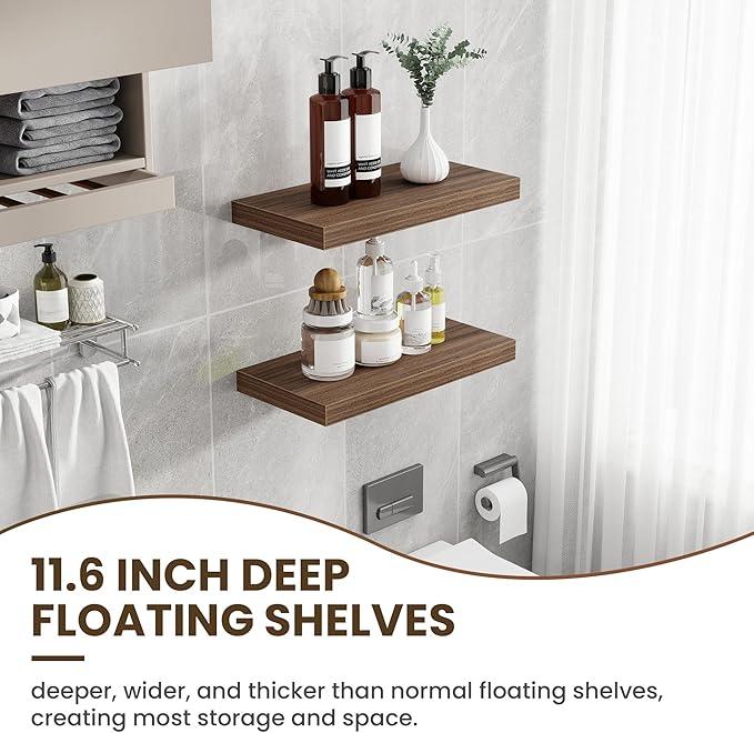 24 Inch Floating Shelves, 12 Inch Deep Floating Shelves for Wall, Floating Shelf with Invisible Brackets, Deep Shelves for Bathroom, Bedroom, Living Room, 2 Pack, Walnut