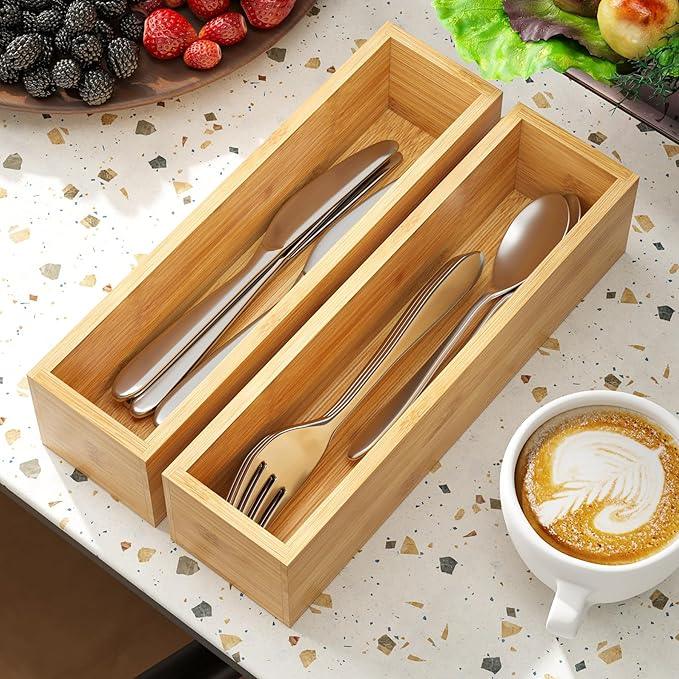 BAMEOS Kitchen Drawer Organizer,Small Silverware Drawer Organizer,Bamboo Utensil Organizer for Bathroom, Dressing Room, Office, Pantry (Natural, 11