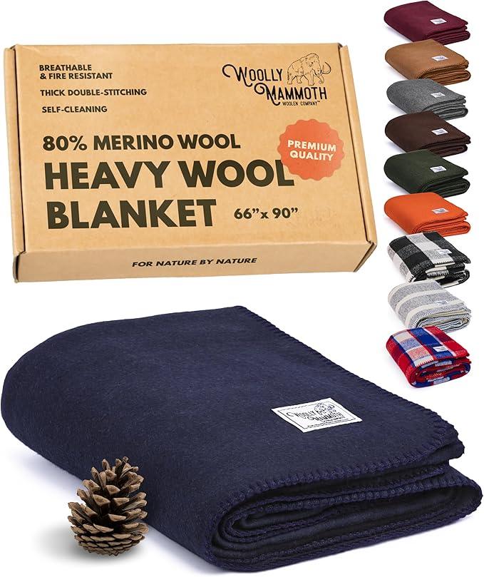 Woolly Mammoth Woolen Company Merino Wool Camping Blanket - 66 x 90 in - Navy Blue - Heavyweight Insulated Outdoor Throw Blanket for Camping & Hiking & Backpacking