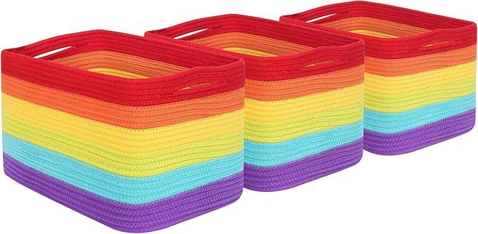 MINTWOOD Design 3-Pack Storage Baskets for Shelves, Playroom and Classroom, Book Basket, Decorative Storage Cube Bins, Woven Closet Organizers, Pantry and Shoe Organizer, Rainbow
