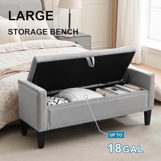 Storage Ottoman Bench, Velvet Upholstered Footstool for Bedroom and Living Room, Tufted Seat with Storage, Wooden Legs & Metal Rivets, Grey