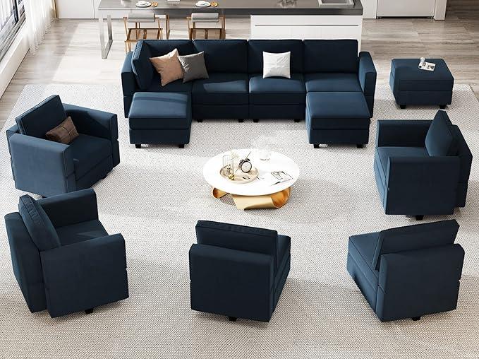Belffin Modular Sectional Sofa with Storage Seats Velvet L Shaped Corner Couch Convertible Sectional Sofa with Chaise (Blue, L Shape-1)…