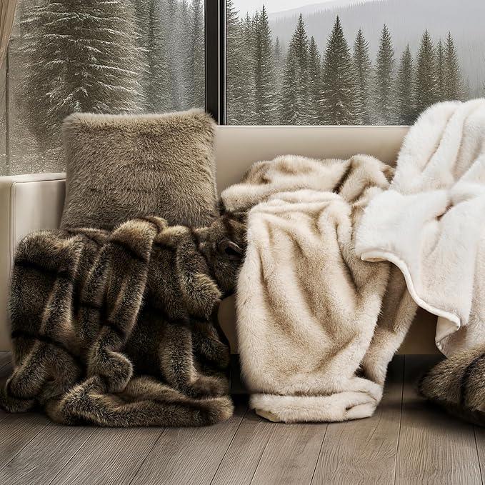 Luxury Faux Fur Throw Blanket, Soft Fluffy Faux Mink Blankets for Bed, Couch, Sofa, Thick Cozy Plush Warm Fur Throws with Reversible Velvet, Ombré Sable Brown, 50