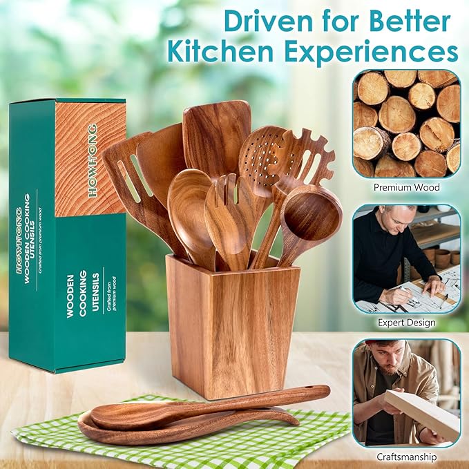 Wooden Spoons for Cooking, Acacia Wood Cooking Utensils Set – 11 Piece Wooden Kitchen Tools with Holder, Spoon Rest, Nonstick Cookware Safe by HOWHONG