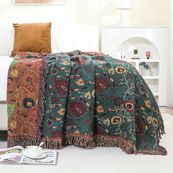 Boho Fall Throw Blanket for Bed，100% Ultra Cotton Soft Breathable Bed Throw Floral Printed Farmhouse Decor Rustic Bed Throws for Couch Sofa Quilt 90