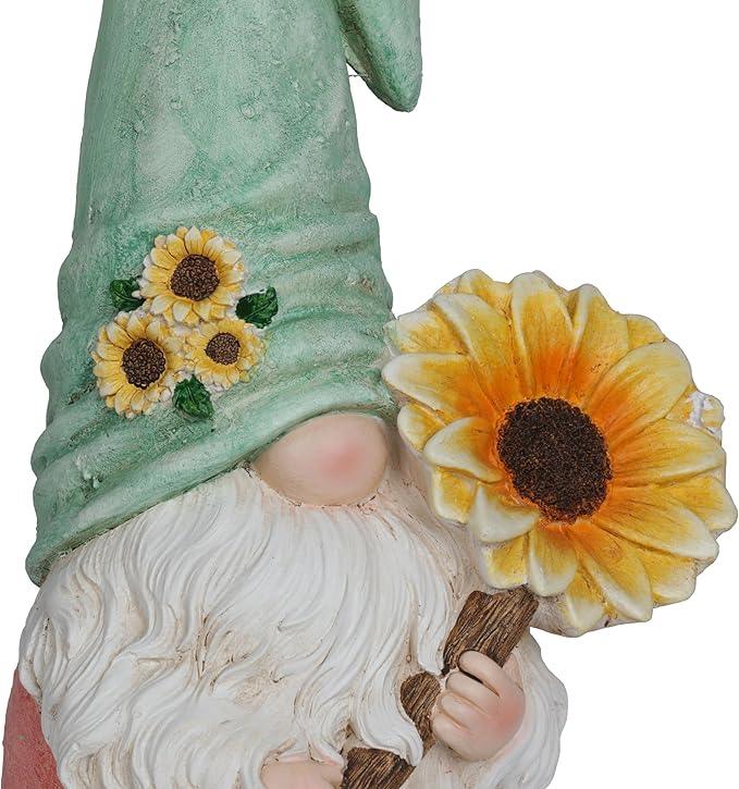 Alpine Corporation MCC842 Indoor/Outdoor Gnome Holding Sunflower Garden Statue, Charming Gnome Statue w/Hat, 21