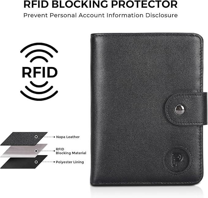 Polare Luxury RFID Blocking Leather Passport Holder Travel Wallet For Men and Women (Black with AirTag Slot(Snap Version))