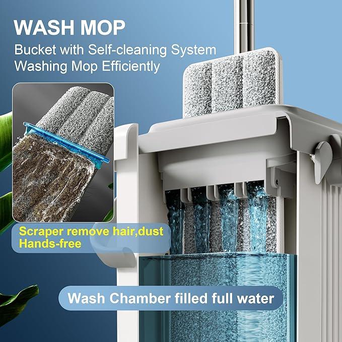 JOYMOOP Mop and Bucket with Wringer Set, Flat Squeeze Mop with Bucket (X-Large), Dust Mop for Wall Cleaner with Long Handle, Microfiber Mop - White Bucket with 3 Reusable 15