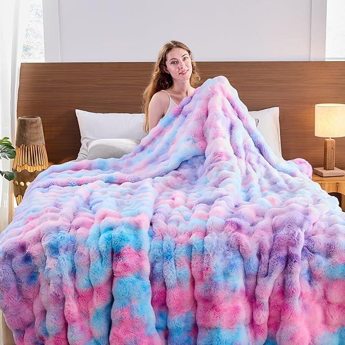 Lotus Karen Faux Fur Throw Blanket Tie-Dye Purple Rainbow - Big Bubble Rabbit Fluff Blanket for Couch, Large Fluffy Fuzzy Cozy Blanket,Thick Furry Plush Shaggy Blankets,108x90 Inches