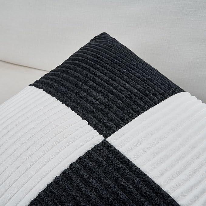 Fancy Homi Set of 2 Black White Lumbar Decorative Throw Pillow Covers 12x20 Inch for Living Room Bedroom Couch Bed Sofa, Soft Striped Corduroy Modern Rectangle Accent Cushion Case 30x50 cm