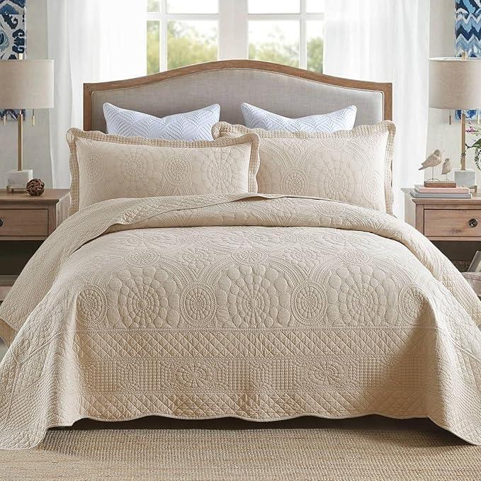 MarCielo 3-Piece 100% Cotton Oversized Bedspread Lightweight Quilt Coverlet Embroidery Farmhouse Bedding (Tf Khaki Beige, Oversized Queen (100