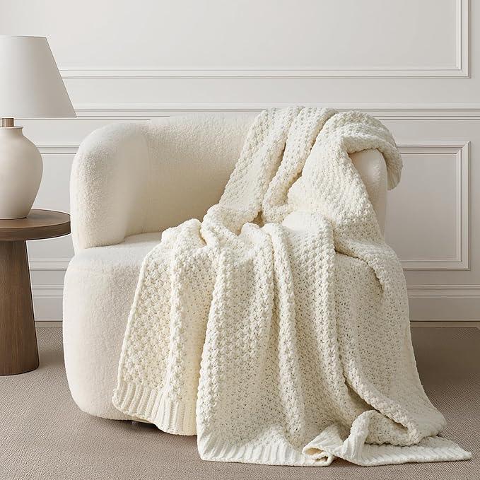 Chunky Chenille Knit Throw Blanket for Couch, Soft Luxurious Moss Stitch Blankets for Bed, Cozy Decorative Farmhouse Knitted Throws for Sofa, Ivory White, 50