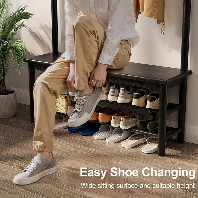 Coat Rack with Shoe Storage, Wooden Hall Tree with Bench, 11 Hooks and 2-Tier Storage Shelves, 3-in-1, Entryway Bench with Coat Rack (39.3