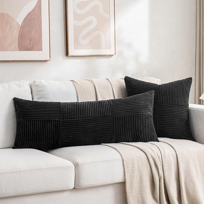 Fancy Homi 2 Packs Black Lumbar Decorative Throw Pillow Covers 12x20 Inch for Living Room Couch Bed Sofa, Rustic Farmhouse Boho Home Decor, Soft Striped Corduroy Rectangle Accent Cushion Case 30x50 cm