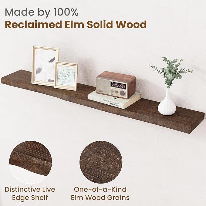 Floating Shelves for Wall Decor, Rustic Solid Elm Wood Live Edge Floating Shelves Wall Mounted, Wall Shelves with Invisible Bracket for Living Room Bathroom Bedroom Kitchen, 48 Inch, Walnut