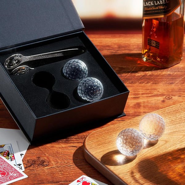 Golf Ball Whiskey Coolers - Pack of 5 - Men's Gift Set; Golfer's Whiskey Chill Stones, Reusable Cooling Balls; Includes 4 Chilling Stones - Ideal Golf-Themed Gift for Men + Metallic Tongs & Gift Box