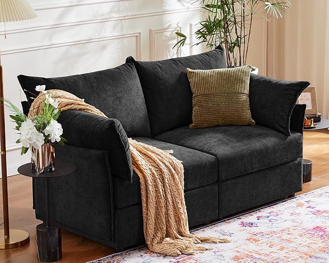 Oversized Loveseat Sofa, Modern Modular Sectional Couch Black Fluffy Chenille Mid Century 2-Seat 24.5