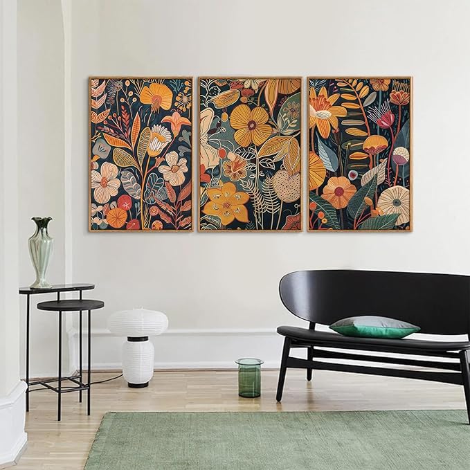 SIGNINART Orange Floral Framed Canvas Wall Art Set of 3, Mid Century Modern Flower Wall Decor, Neutral Plant Artwork, Boho Botanical Art Prints for Bedroom Living Room Office 16