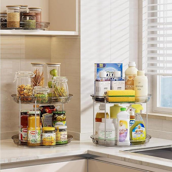 LAMU 2 Pack 2 Tier Lazy Susan Turntable Organizer 10.6'' Rotating Spice Rack Organization for Cabinet, Kitchen, Pantry, Countertop, Bathroom, Vanity, Medicine Cabinet Organizer, Grey