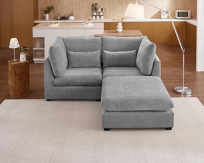 Oversized Modular Sofa, Extra Deep Cloud Chenille Sectional Couch with Ottoman Chaise, Fluffy Chenille Loveseat L Sofa for Living Room, Villa (Loveseat+Ottoman, Chenille Grey)