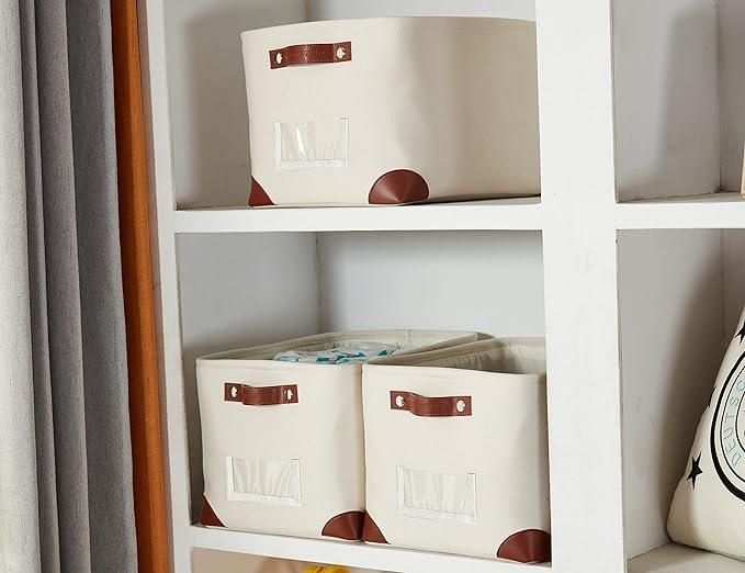 DECOMOMO White Storage Bins Fabric Storage Baskets for Shelves & Linen Closet Organization (Creamy White W/Label holder, Large - 3 Pack)
