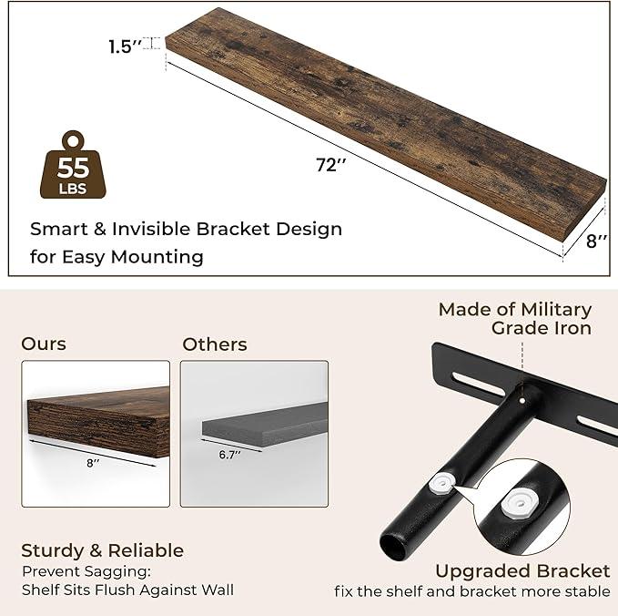 RICHFOCUS 72Inch Floating Shelves for Wall 2 Pack Shelves for Bedroom|Kitchen|Bathroom Wall Mounted Rustic Wood Floating Shelf with Invisible Brackets for Books|Storage|Decor, Rustic Brown