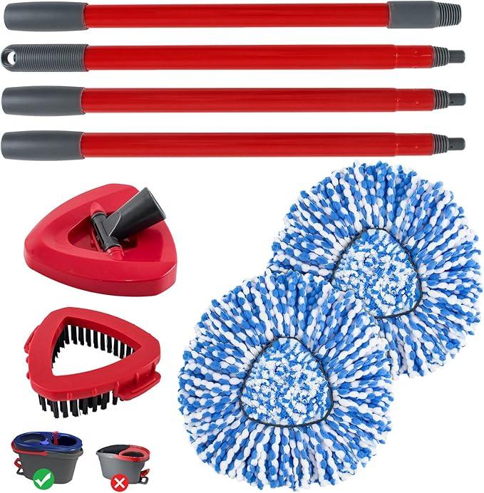 Spin Mop Head,Mop Handle,Base,Brush Compatible with Ocedar RinseClean 2 Tank Spin Mop System,2 Microfiber Spin Mops Replacement Head,4 Section Iron Mop Handle 30-58