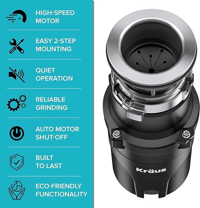 KRAUS WasteGuard 1/2 HP Continuous Feed Ultra-Quiet Motor Garbage Disposal with Quick Connect Mount, Power Cord and Flange Included, KWD110-50MBL