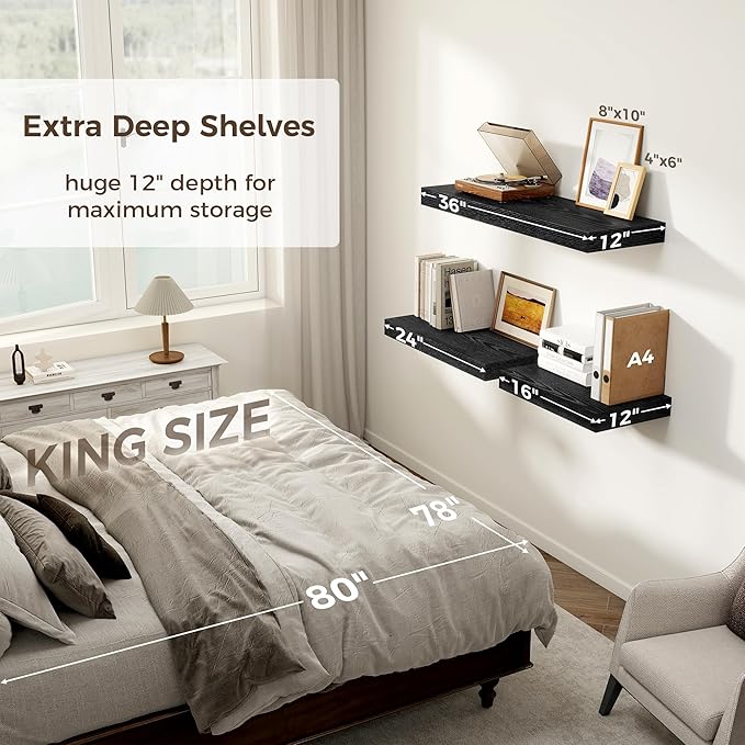 12 Inch Deep Black Floating Shelves, 24 x 12 Floating Shelf for Books, Rustic Wood Deep Wall Shelves for Home Storage & Display, 2