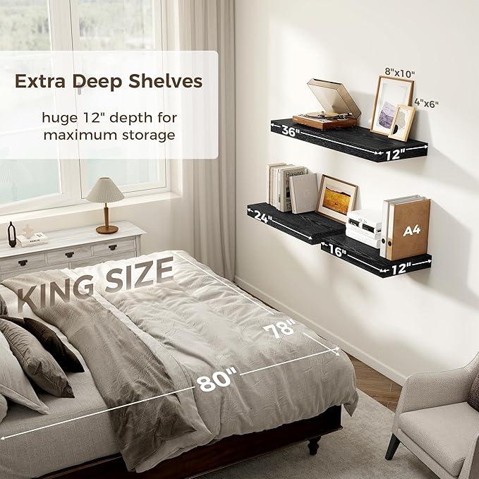 12 Inch Deep Black Floating Shelves, 24 x 12 Floating Shelf for Books, Rustic Wood Deep Wall Shelves for Home Storage & Display, 2