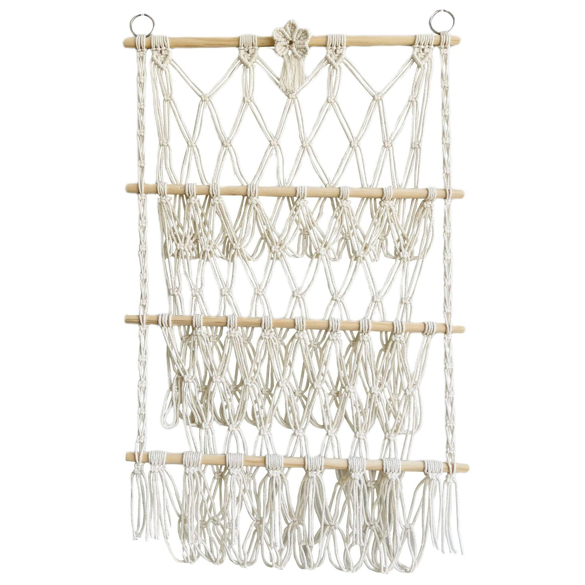 Simple decoration of shelves for children's rooms book ornaments wooden sticks 3-layer plush Bohemian toy storage net bag