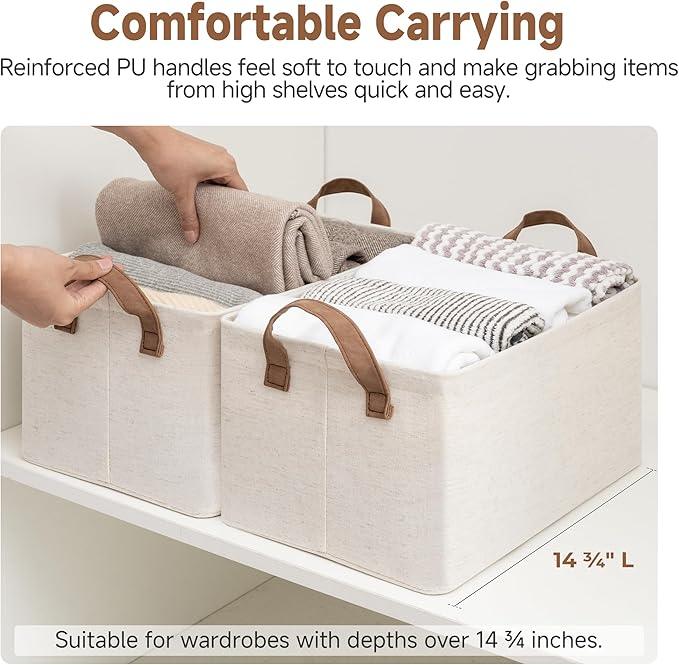 StorageWorks Storage Bins, Shelves Baskets for Organizing, Fabric Closet Organizers with Handles, Metal Frame, Beige（Cotton-linen）, 2-Pack