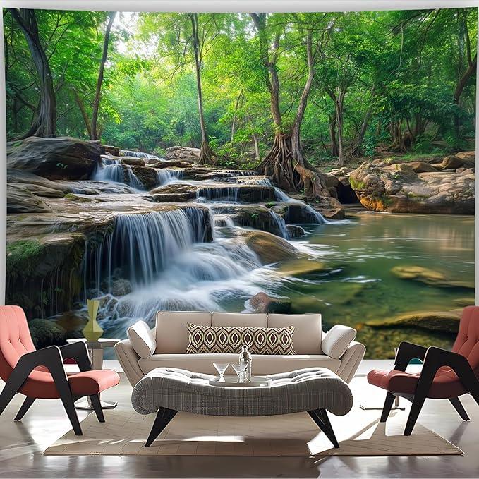 BSFHH Nature Tapestry Forest Tree Sea Cave Wall Hanging, Stream Through Rainforest Landscape Wall Art Tapestry for Bedroom Living room (Creek, 90
