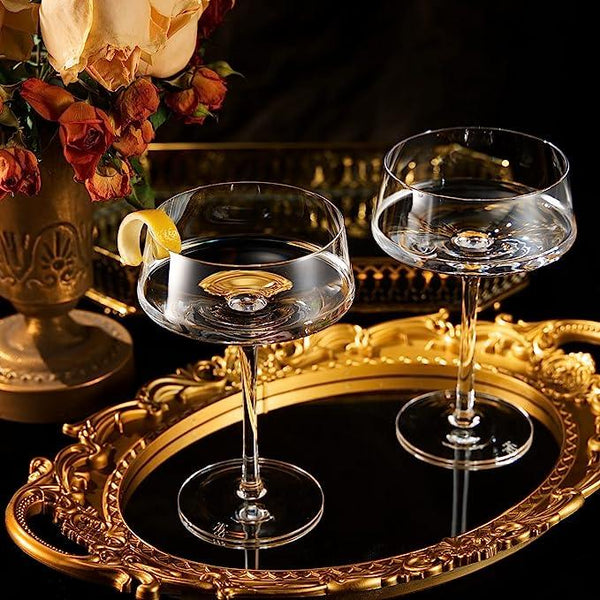 Luxury Martini Glass Set of 2 | 10oz | Crystal Luxury Martini with Silver Spoon, Premium Hand-Blown | Classic Cocktail & Champagne Clear Coupes For Manhattan, Cosmopolitan, Sidecar, Speakeasy Goblets