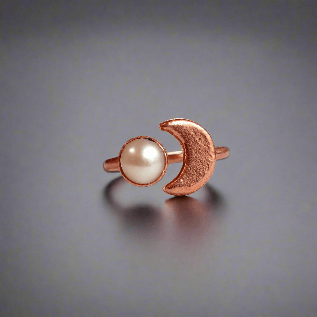 Copper Pearl Crescent Ring Moonlit Serenity Glow | By Blackbird & Sage
