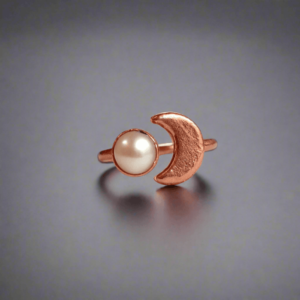 Copper Pearl Crescent Ring Moonlit Serenity Glow | By Blackbird & Sage