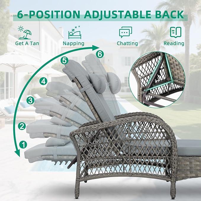 VIVIJASON 3 Pieces Outdoor Wicker Chaise Lounge Chair Set, All-Weather PE Rattan Cushioned Patio Lounger Set of 2 with Side Table, Adjustable Pool Sunbathing Recliner with Armrest & Pillow, Gray