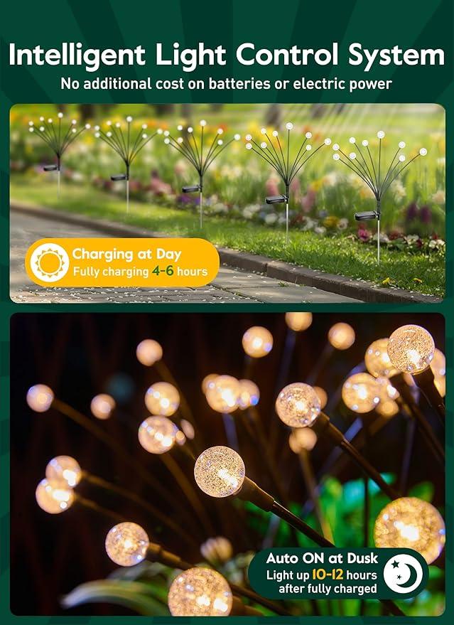Solar Garden Lights - 4 Pack 12 LED Crystal Solar Firefly Lights with 2 Lighting Mode, Sway by Wind, Waterproof Solar Decorative Lights, Solar Outdoor Lights for Yard Walkway Decoration, Warm White