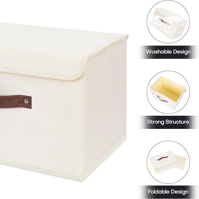 ANMINY 4PCS Storage Bins with Lid PU Leather Handles Storage Boxes PP Plastic Board Decorative Foldable Lidded Cotton Linen Fabric Home Cubes Baskets Closet Organizer Containers - Beige, Large Size